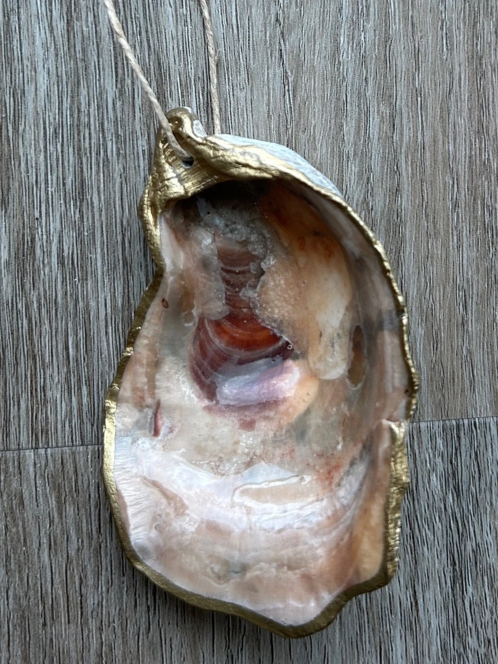 Boxed Set of 4 Handmade Gold Trimmed Oyster Shell Ornaments Coastal Gift⁠